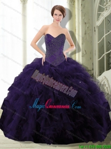 2015 Gorgeous Dark Purple Sweet 15 Dress with Beading and Ruffle