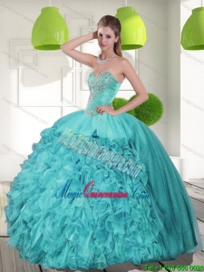 Gorgeous Beading and Ruffles Strapless Aqua Blue Quinceanera Dresses for 2015