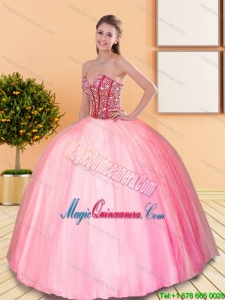 2015 Fashion Beading Sweetheart Ball Gown Quinceanera Dresses in Rose Pink