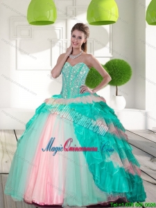 2015 Fashion Beading and Ruffled Layers Quinceanera Gowns in Multi Color
