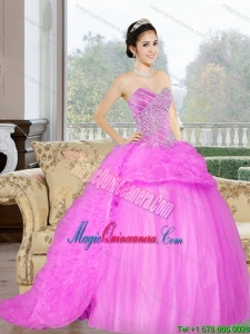 2015 Fashion Court Train Sweet 16 Dress with Beading and Ruffles