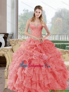 2015 Popular Beading and Ruffles Quinceanera Dresses in Watermelon