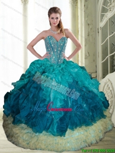 2015 Popular Beading and Ruffles Sweetheart Quinceanera Dresses in Multi Color