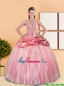 Beautiful 2015 Beading and Pick Ups Sweetheart Quinceanera Dresses in Rose Pink