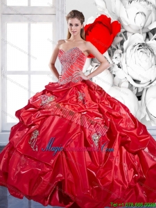 Fashion Pick Ups and Appliques 2015 Red Quinceanera Dresses with Brush Train