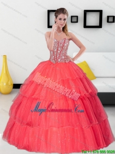 Flirting Beading and Ruffled Layers Sweetheart Coral Red Quinceanera Dresses for 2015