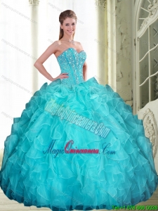 2015 Luxury Beading and Ruffles Sweetheart Quinceanera Dresses in Aqua Blue