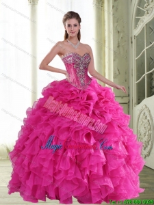 2015 Luxury Beading and Ruffles Sweetheart Quinceanera Dresses in Hot Pink