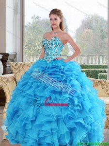 2015 Luxury Sweetheart Baby Blue Sweet 15 Dresses with Beading and Ruffles