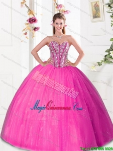 Luxury Beading and Pick Ups 2015 Quinceanera Dresses in Hot Pink