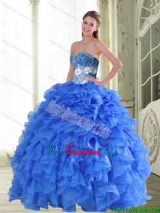 Luxury Beading and Ruffles Sweetheart Blue Quinceanera Gown for 2015 Spring