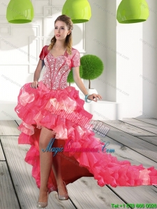 New Arrival Coral Red High-low Dama Dresses with Beading and Ruffled Layers