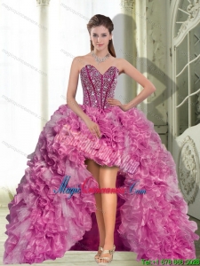 New Arrival High Low Beading and Ruffles 2015 Dama Dresses