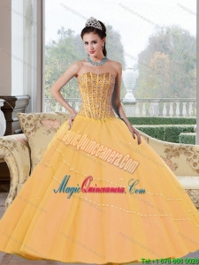 Popula Beading Strapless 2015 Quinceanera Dresses in Gold