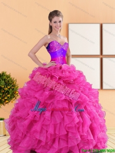 Luxurious 2015 Beading and Ruffles Sweet 15 Quinceanera Dresses in Hot Pink