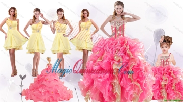 Perfect Beading and Ruffles Quinceanera Dress and Beading Yellow One Shoulder Dama Dresses and Multi Color Ball Gown Pageant Dresses for Litter Girl