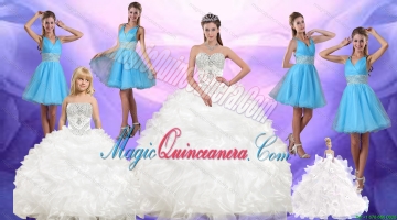 Ruffles and Beading White Quinceanera Dress and Baby Blue V Neck Dama Dresses and White Pageant Dresses for Little Girls