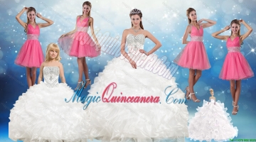 White Sweetheart Ruffles Quinceanera Dress and Sequins V Neck Pink Dama Dresses and Beading White Litter Girl Dress