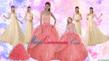 2015 Perfect Beading Sweetheart Quinceanera Dress and Ruching Long Prom Dresses and Watermelon Halter Top Litter Girl Dress