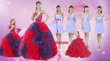 Elegant Multi Color Floor Length Quinceanera Dress and Ruching Short Dama Dresses and Multi Color Halter Top Litter Girl Dress