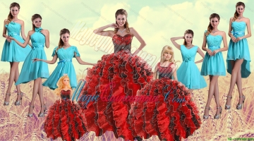 Multi Color Sweetheart Ruffles Quinceanera Dress and Baby Blue Short Dama Dresses and Multi Color Straps Beading Litter Girl Dress