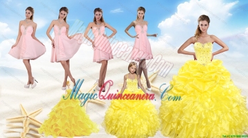 Yellow Sweetheart Beading Quinceanera Dress and Light Pink Short Prom Dresses and Ruffles and Beading Litter Girl Dress