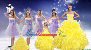 Yellow Sweetheart Beading Ruffles Quinceanera Dress and Lavender Short Dama Dresses and Beading Ruffles Litter Girl Dress