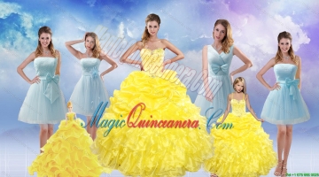 Yellow Sweetheart Rufflers Beading Quinceanera Dress and Bownot Short Prom Dresses and Yellow Spaghetti Straps Beading Pageant Dresses for Litter Girl