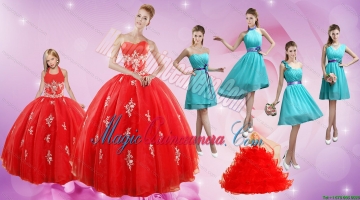 2015 Elegant Appliques Red Quinceanera Dress and Turquoise Short Dama Dresses and Halter Top Ball Gown Litter Girl Dress