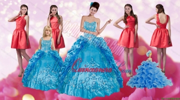 Embroidery and Pick Ups Quinceanera Dress and Ruching Short Dama Dresses and Spaghetti Straps Teal Litter Girl Dress