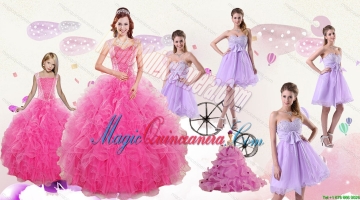 Popular Beading and Ruffles Quinceanera Dress and Bownot and Beading Short Dama Dresses and Pink Floor Length Litter Girl Dress