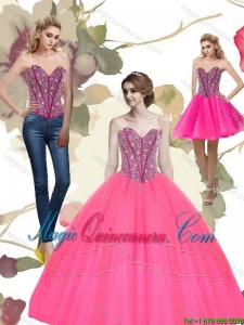 2015 Dramatic Beading Sweetheart Tulle Hot Pink Quinceanera Dresses