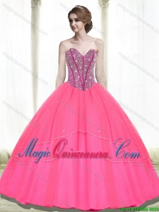 2015 Fashion Ball Gown Beading Sweetheart Hot Pink Quinceanera Dresses