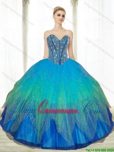 2015 Fashion Beading Sweetheart Tulle Turquoise Quinceanera Dresses