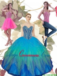 2015 Luxury Beading Sweetheart Tulle Quinceanera Dresses in Turquoise