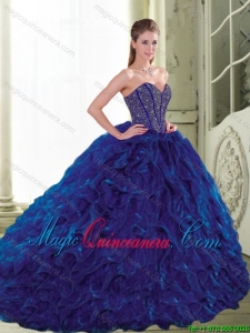 2015 Popular Sweetheart Beading and Ruffles Navy Blue Quinceanera Dresses
