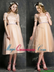 2016 Beautiful Bateau Short Sleeves Dama Dress with Sashes and Lace