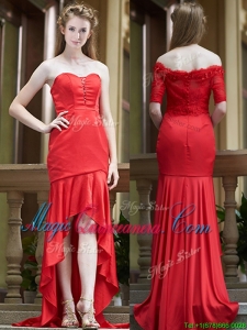 2016 Cheap Column High Low Red Dama Dress with Brush Train