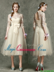 2016 See Through High Neck Half Sleeves Dama Dress with Lace and Bowknot