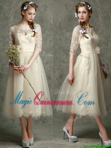 2016 See Through Scoop Half Sleeves Dama Dress with Hand Made Flowers and Lace
