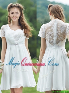 2016 See Through Short Sleeves White Dama Dress with Belt and Lace
