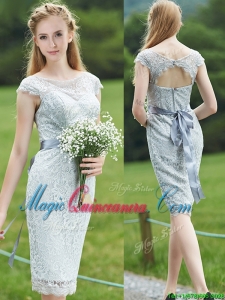Wonderful Scoop Cap Sleeves Sashes Dama Dress in Grey
