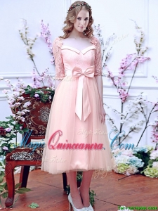 2016 Comfortable Square Half Sleeves Bowknot Dama Dress in Baby Pink