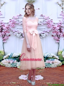 2016 Fashionable See Through Scoop Half Sleeves Dama Dress with Bowknot