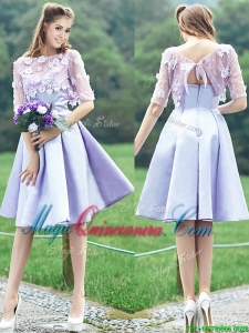 2016 New Style Bateau Half Sleeves Lavender Dama Dress with Appliques