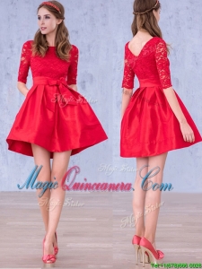 2016 Romantic Bowknot and Laced Scoop Half Sleeves Dama Dress in Red