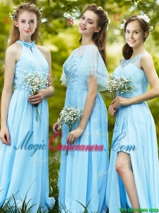 Modest Light Blue Empire Long Dama Dress with Appliques