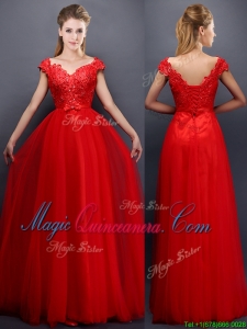 2016 Classical Beaded V Neck Red Dama Dress with Cap Sleeves