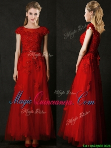 2016 Elegant Empire Applique Red Dama Dress with Cap Sleeves