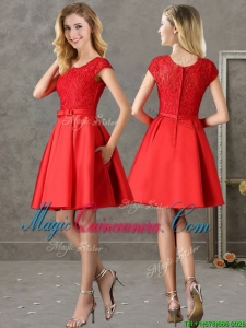 2016 Gorgeous Scoop Cap Sleeves Red Dama Dress with Lace and Bowknot